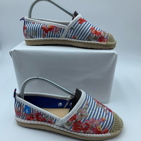 Joules Summer Espadrilles Blue White Stripe & Floral Stretch Crochet Motif UK 7 - Picture 2 of 14